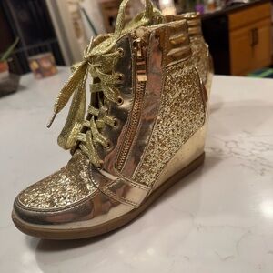 Gold Glitter High-Top Wedge Sneakers